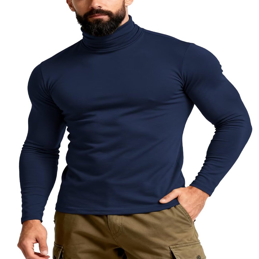 IVOVFANZY Thermal Turtleneck Men Undershirt Base Layer Top Long Sleeve Basic T-Shirts(Navy, L)