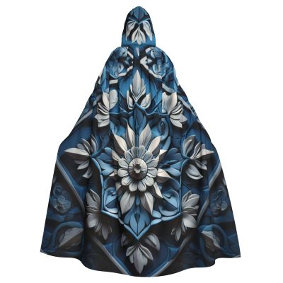 YKJJFVZ Blue Folk Art Pattern2 Print Rogue Cosplay Adult Halloween Witch Hooded Cloak Cape Unisex Costume For Horror Parties Masquerade