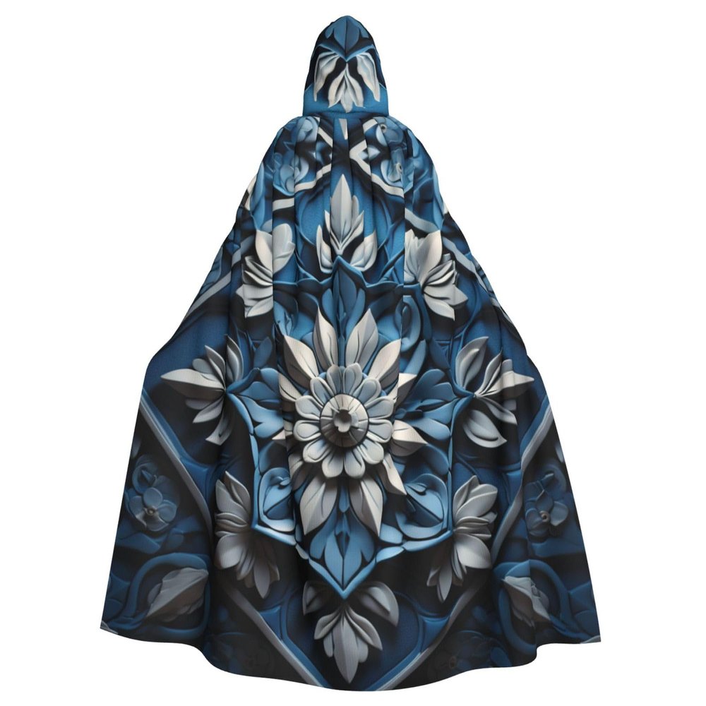 YKJJFVZ Blue Folk Art Pattern2 Print Rogue Cosplay Adult Halloween Witch Hooded Cloak Cape Unisex Costume For Horror Parties Masquerade