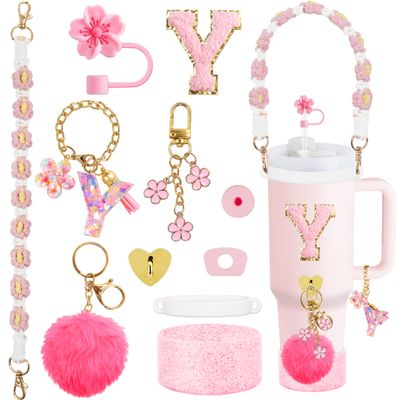 XIANGYUAN 11PCSStanley Cup Accessories Set for Stanley Cup 30oz 40oz Tumbler with Handle,Including Straw Topper Cover Cap and Boot,Spill Proof Stopper,Handle Charm,Initials Sticker(F)