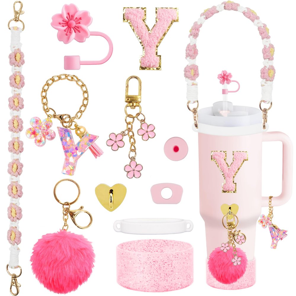 XIANGYUAN 11PCSStanley Cup Accessories Set for Stanley Cup 30oz 40oz Tumbler with Handle,Including Straw Topper Cover Cap and Boot,Spill Proof Stopper,Handle Charm,Initials Sticker(F)