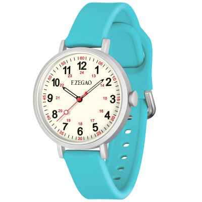 F.ZEGAO Nurse Watch for Nurse, Women Waterproof Watch for Swimming 24 Hour Military Time Luminous Easy to Read Dial with Second Hand, Silicone Band (Turquoise)