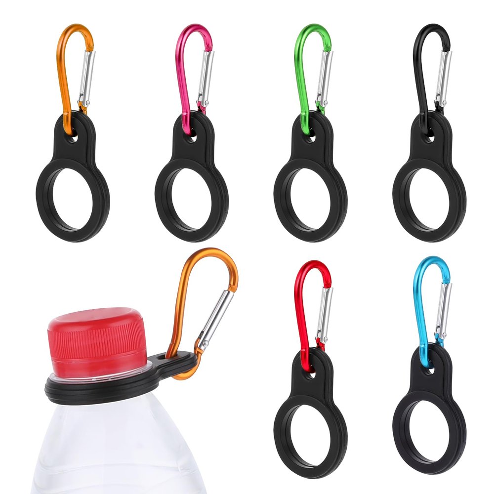 Bewudy 6 Pcs Black Water Bottle Clip, Silicone Water Bottle Carrier with 6 Pieces Keychain Clip Key Ring Clip, Water Bottle Holder Buckle for Outdoor Activities or Daily Use