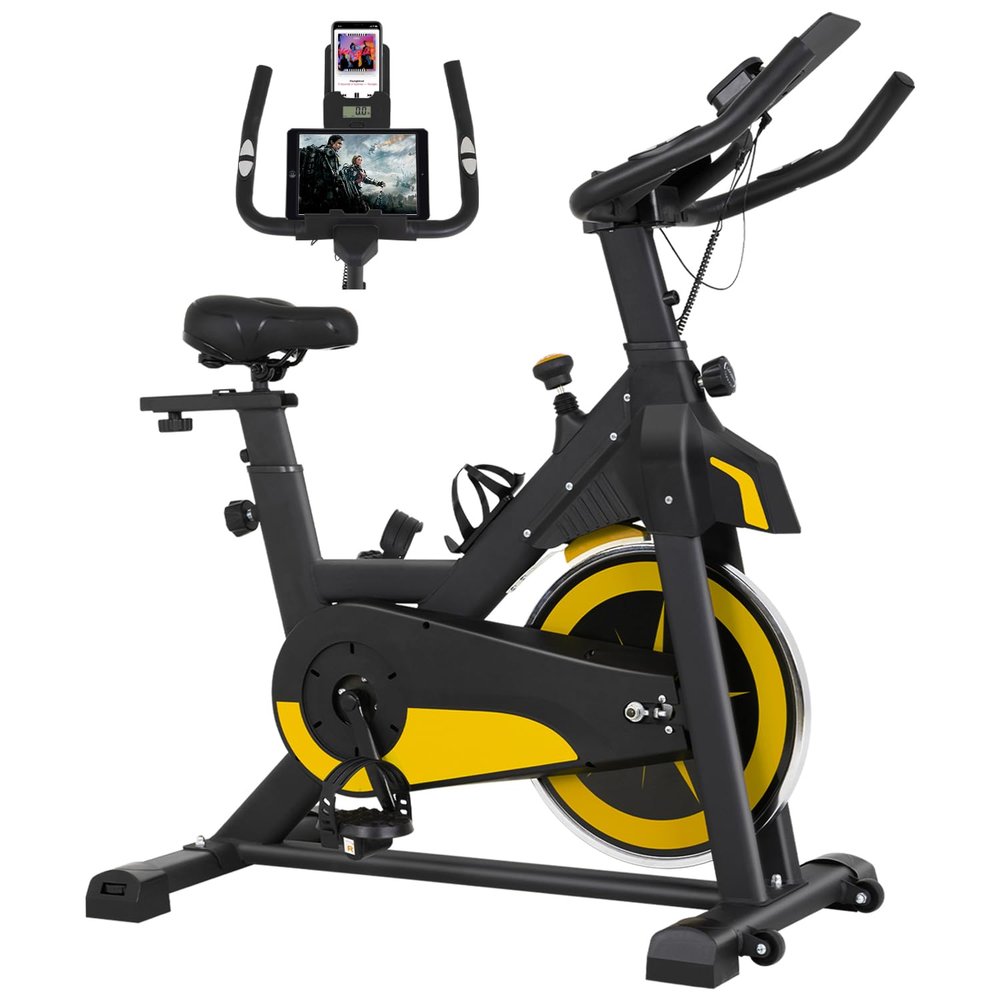 Exercise Bike Indoor Workout Bike Stationary Cycling Bike Fitness Magnetic Resistance Training Bike with Comfortable Seat Cushion LCD Monitor for Home Gym, Yellow