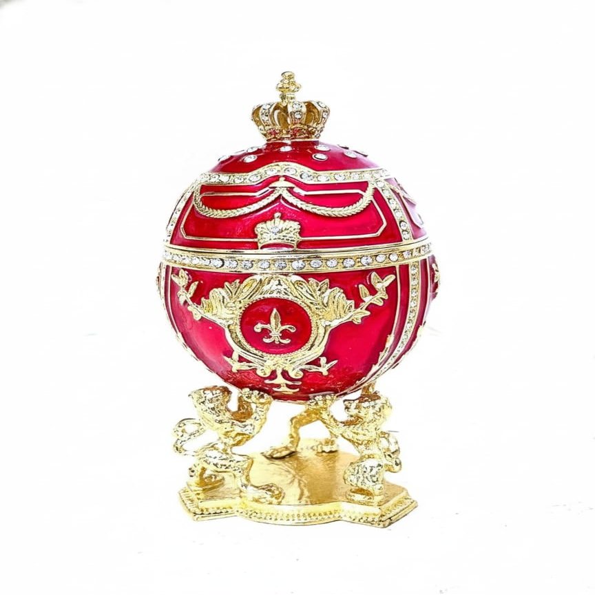 Pierre Lorren Luxurious Imperial Faberge egg PLUS Silver Ball Necklace SET Russian Egg Jewelry box HANDMADE Gold Faberg Egg gifts 300 Austrian Crystal DIAMOND (Ruby Red Faberge egg Set)