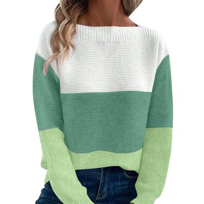 Heevina Striped Sweater Women Long Sleeve Boat Neck Knit Color Block Loose Pullover Knitted Sweaters for Women 2024 (Green, Medium)