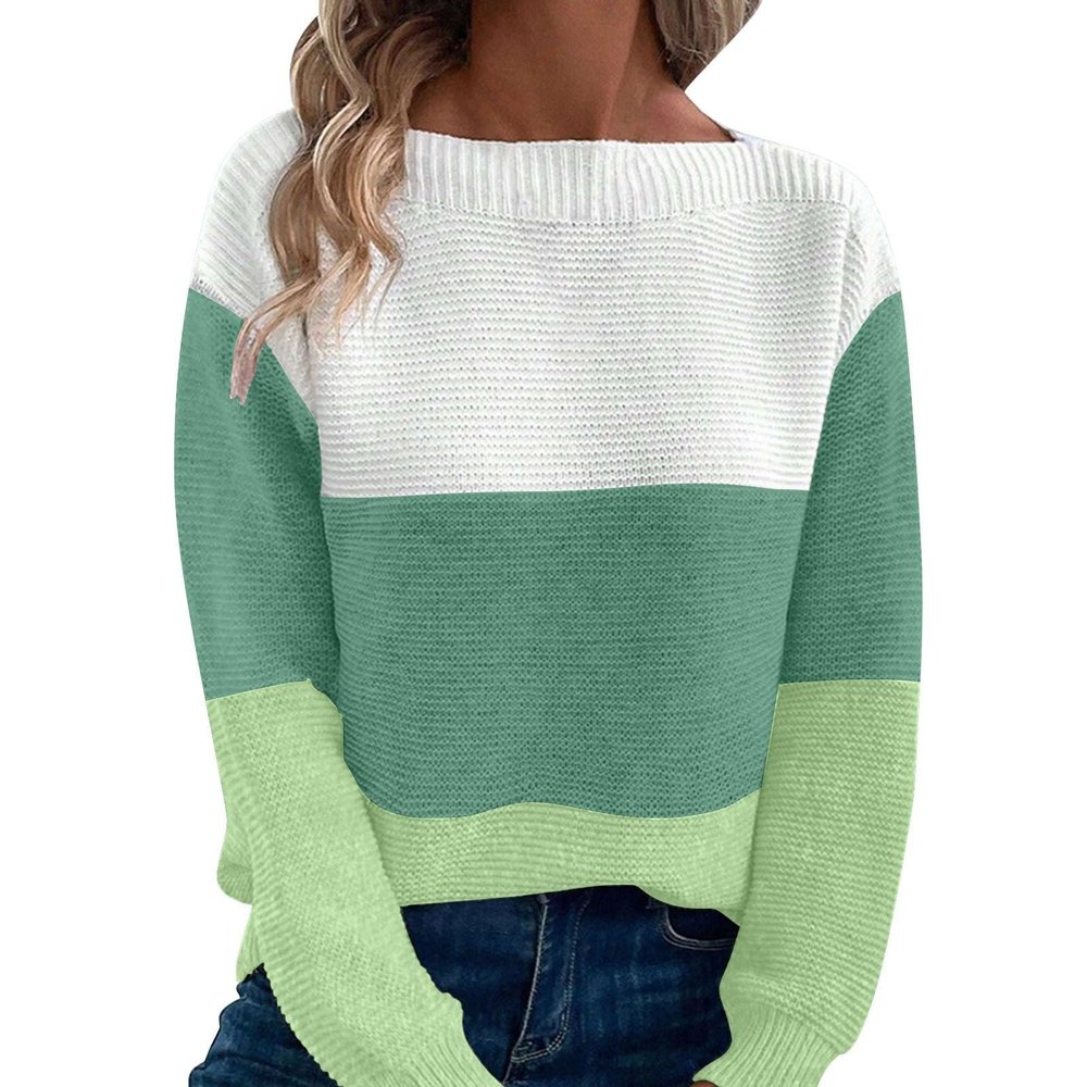Heevina Striped Sweater Women Long Sleeve Boat Neck Knit Color Block Loose Pullover Knitted Sweaters for Women 2024 (Green, Medium)