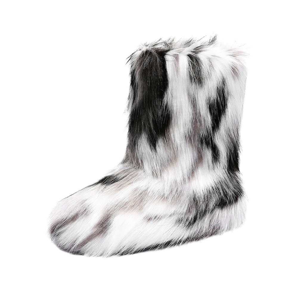 Women's Furry Faux Fur Boots Fuzzy Fluffy Mid Calf Snow Boots Suede Winter Warm Fur Lined Booties Flat Fashion Boots