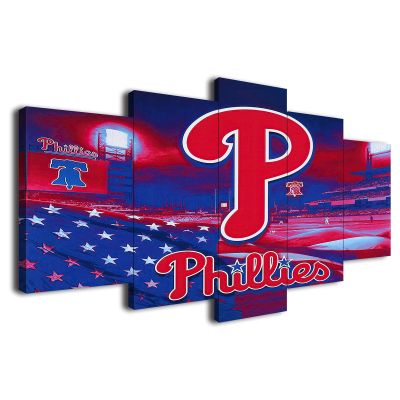 Philadelphia City Phillies Baseball Poster Sports Baseball Badge Canvas Wall Art Print 5 Piece Artwork Home Office Decor Large Framed Painting Ready To Hang (E,60x100cm-Framed-5pcs)