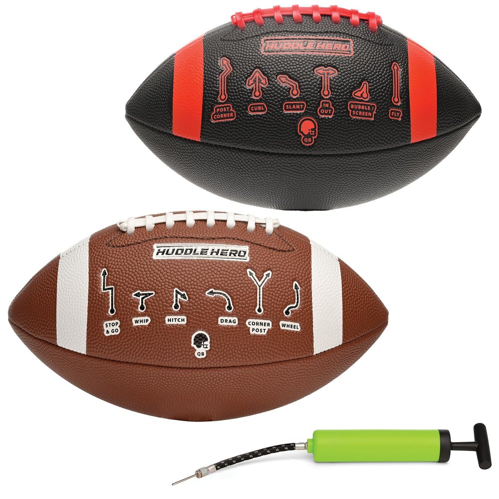 Xcello Sports Huddle Hero Junior Football 2-Pack w/Pump (Black/Red and Brown/White)