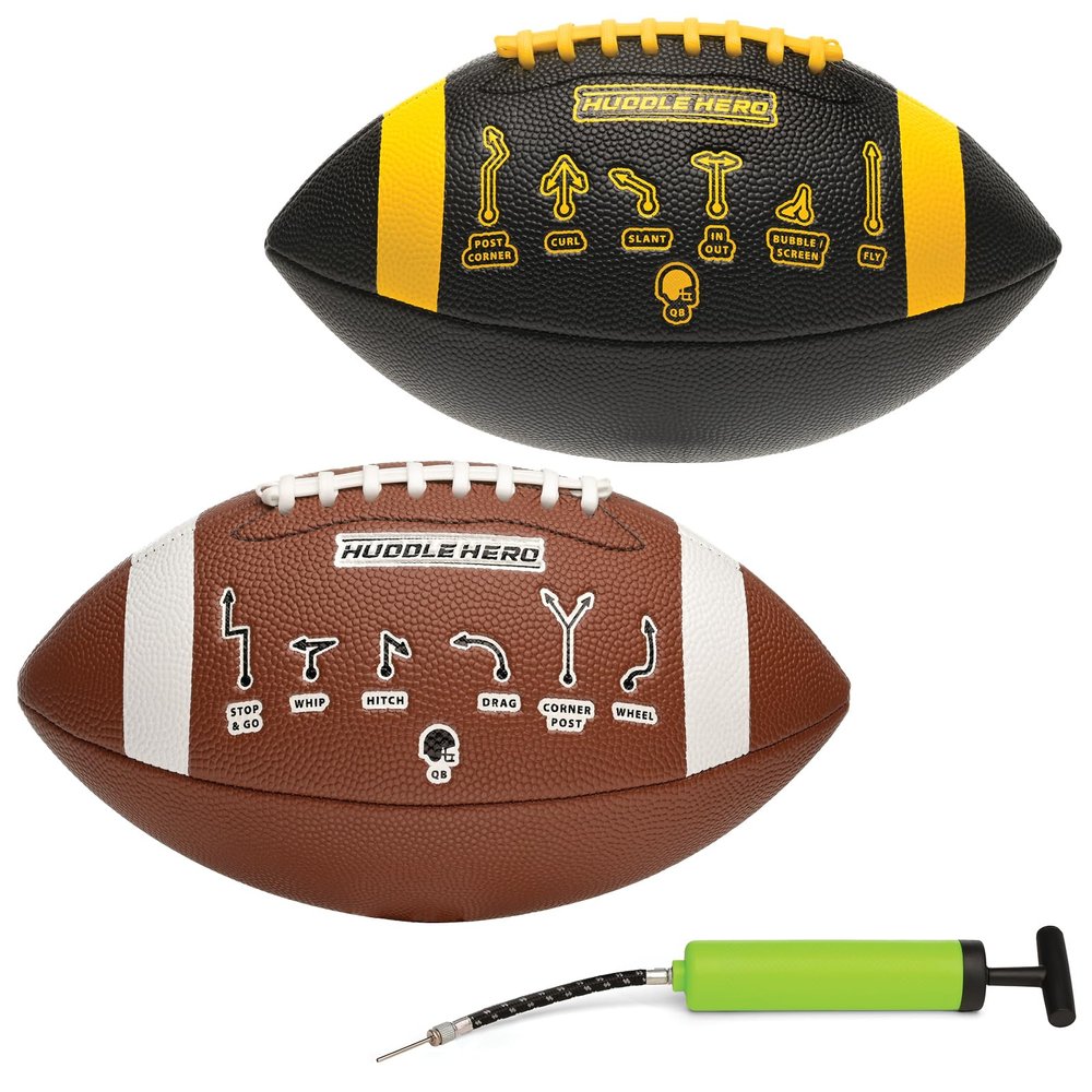 Xcello Sports Huddle Hero Junior Football 2-Pack w/Pump (Black/Yellow and Brown/White)