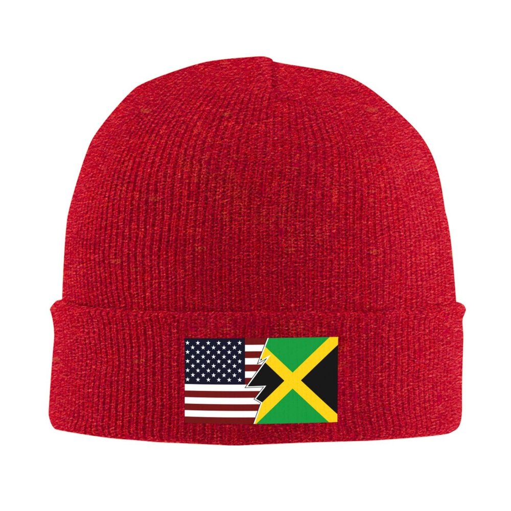 QIKLMMA Torn Style Us and Jamaica Flags Beanie for Men Women Winter Knit Hats Cuffed Skull Cap Ski Hat Red
