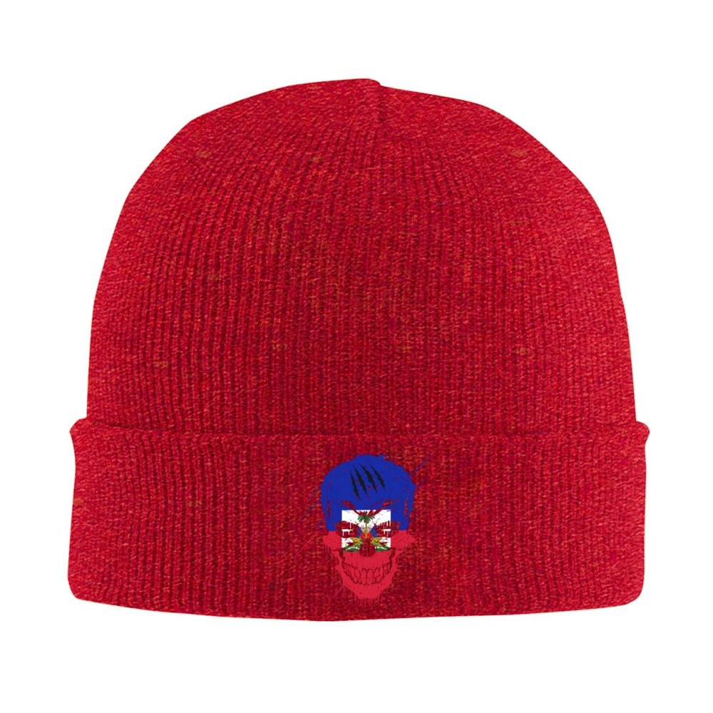Creative Haiti Patriot Skull National Flag Beanie for Men Women Winter Knit Hats Cuffed Skull Cap Ski Hat Red