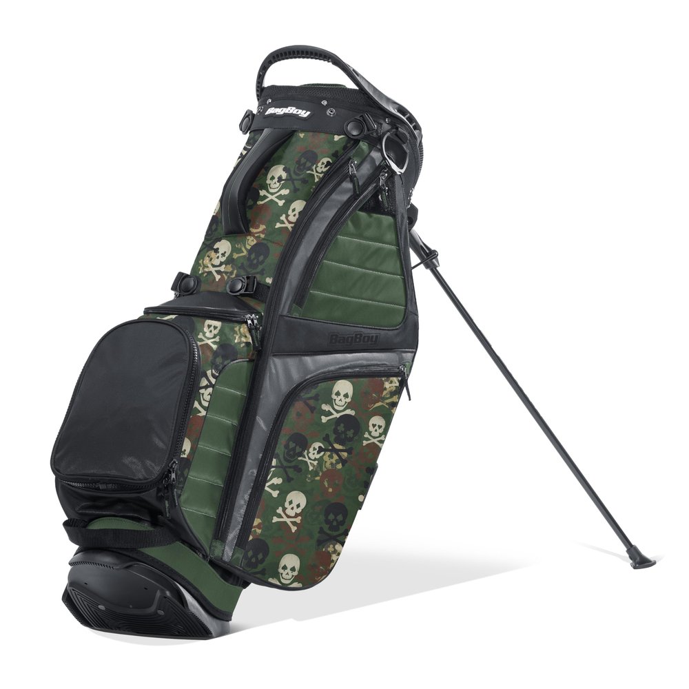 Bag Boy HB-14 Hybrid Golf Stand Bag, 14 Way Top with Full Length Individual Dividers, Lightweight, Removable Dual Shoulder Straps, 7 Pockets, Green/Skulls