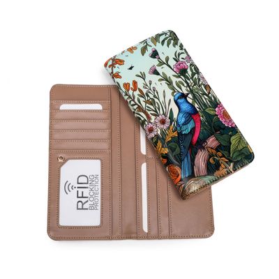 ANFUMAN Rfid Slim Wallet for Womens Thin Card Holder Travel Wallet Bifold Clutch Long Ladies Billfold Blue Bird