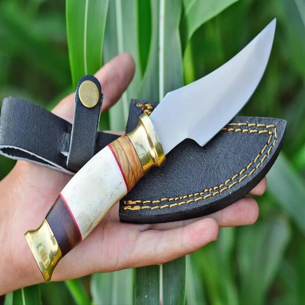 Blade Frenzy Custom Handmade D2 Steel Bowie Knife, Outdoor Hunting Knife, EDC Fixed Blade Knife, Camel Bone and Wood Handle, Leather Sheath