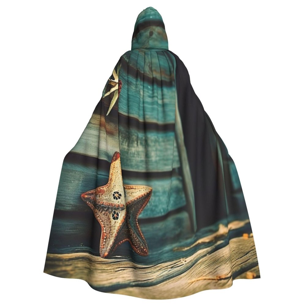 YKJJFVZ Wooden Starfish Print Rogue Cosplay Adult Halloween Witch Hooded Cloak Cape Unisex Costume For Horror Parties Masquerade