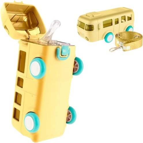Bus Shaped Water Bottle with with Movable Wheels, 500 ML, Portable, Leakproof Water Bottle with Strap, Bottle for Camping Picnic Hiking Travel (Yellow)