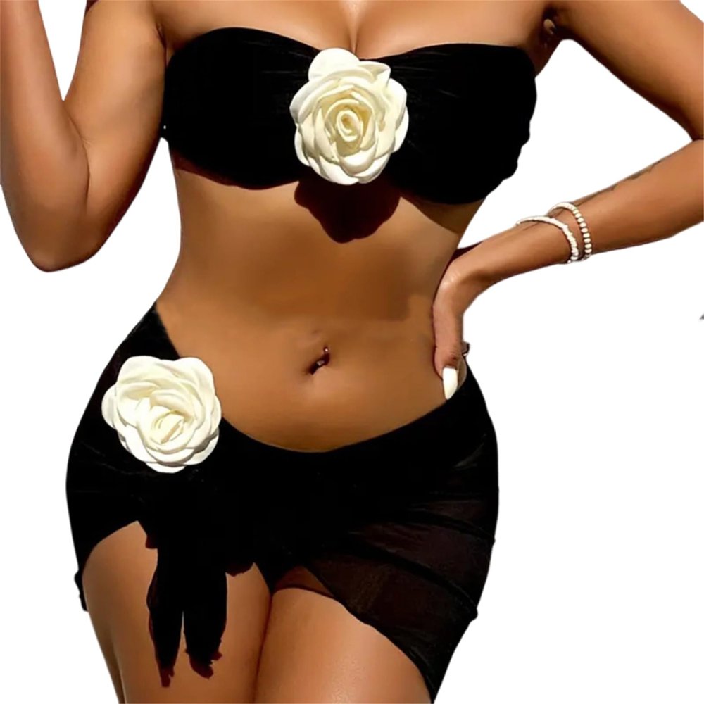 Argzm 3Pcs Women Strapless Bathing Suit Set Bandeau Swimsuit with Beach Coverup Skirt 3D Flower Bandeau Swimming Costume