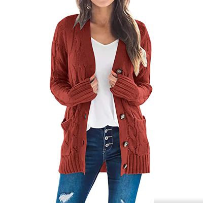 Rkwins Cardigan Sweaters for Women Plus Size Button Down Sweater Mid Length Knit Sweater V Neck Knit Cardigan with Pockets Red