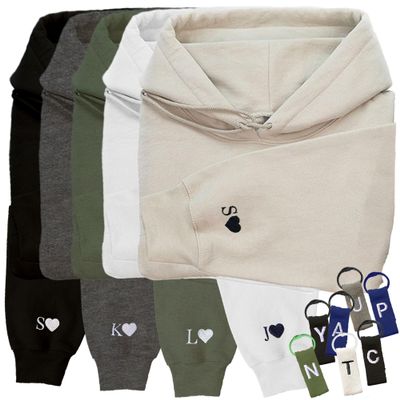 GODMERCH Custom Embroidered Heart Hoodie - Personalized Initial On Sleeve - Matching Valentines Day & Christmas - White Size L
