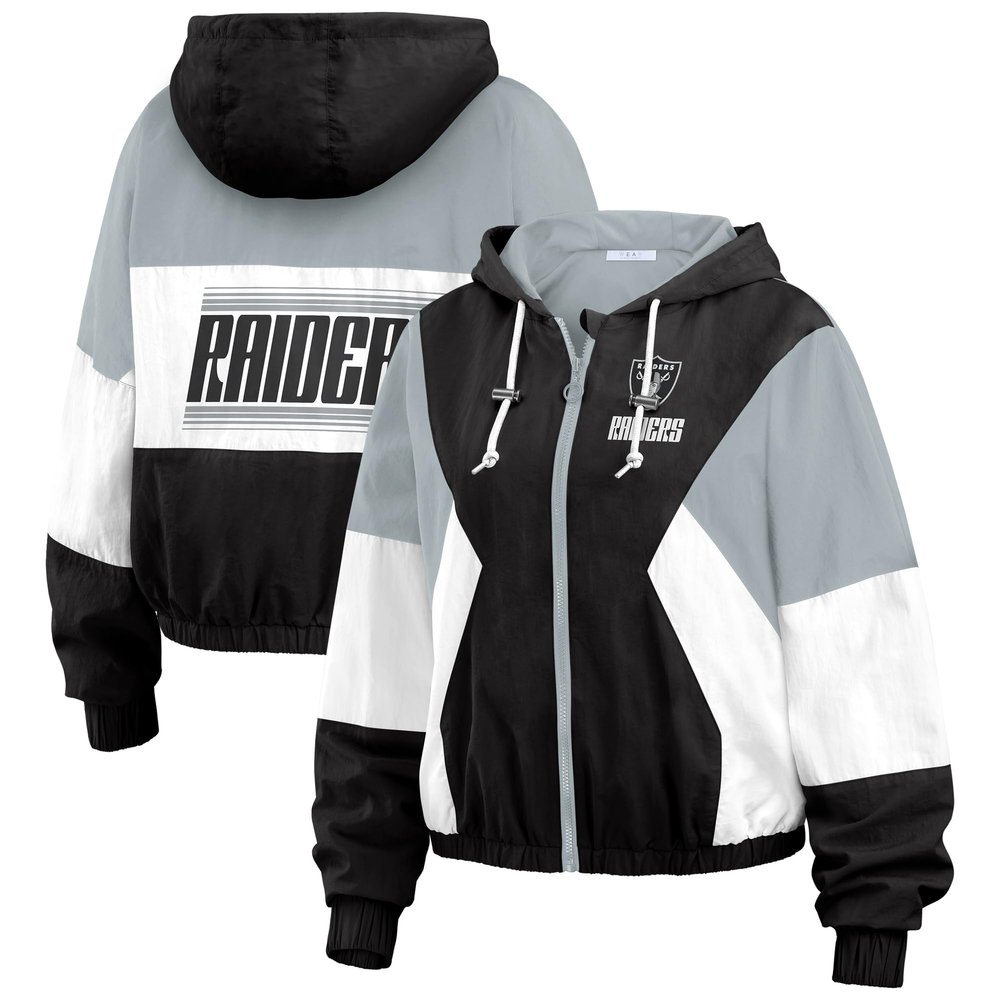 WEAR by Erin Andrews Women's Black/Gray Las Vegas Raiders Plus Size Color Block Full-Zip Windbreaker Jacket