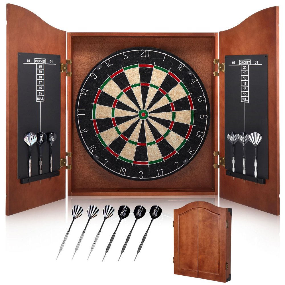 Yirinatek Sisal Dart Board Cabinet Sets, Decorative Dart Boards for Adults [6*Steel Darts] - Wooden Dartboard Cabinet with Integrated Scoreboard for Family Game Rooms [Apricot]