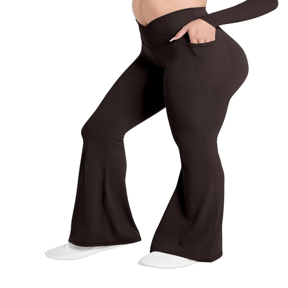 Sunzel Flare Leggings for Women with Pockets, Crossover Yoga Pants with Tummy Control, High Waisted and Wide Leg Side Pockets 32" Java Brown X-Small