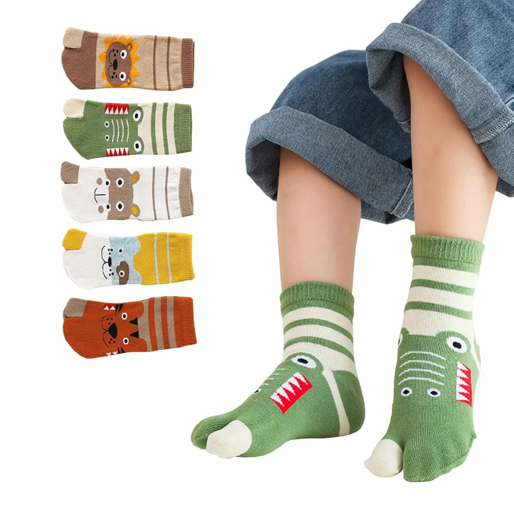 Chenflying 5 Pairs Kids Cotton Two Big Toe Tabi Flip Flops V Socks Cute Cartoon Animals Socks for Boys Girls 3-12 Years (US, Age, 7 Years, 12 Years, Multicolor)
