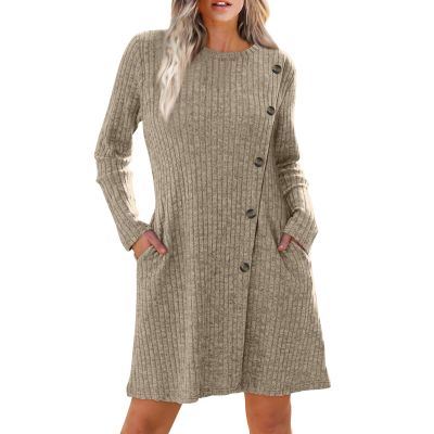 Brand Women's Fall Midi Sweater Dress - Trendy Crewneck Long Sleeve with Pockets - Comfortable Business Work Dress