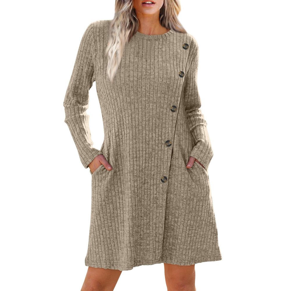 Brand Women's Fall Midi Sweater Dress - Trendy Crewneck Long Sleeve with Pockets - Comfortable Business Work Dress