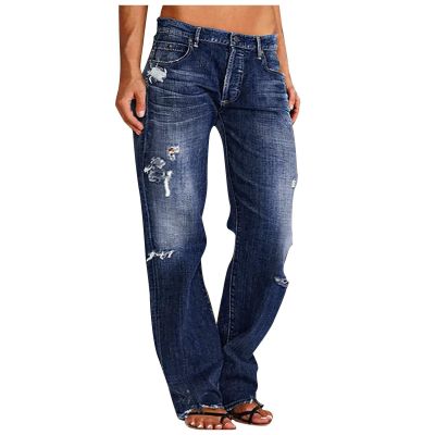 Straight Leg Jeans for Women Button Down Low Rise Ripped Jeans Plus Size Boyfriend Distressed Denim Pants with Pockets Streetwear Y2k Comfy Distressed Jeans Business Casual Pants Dress Work Pants