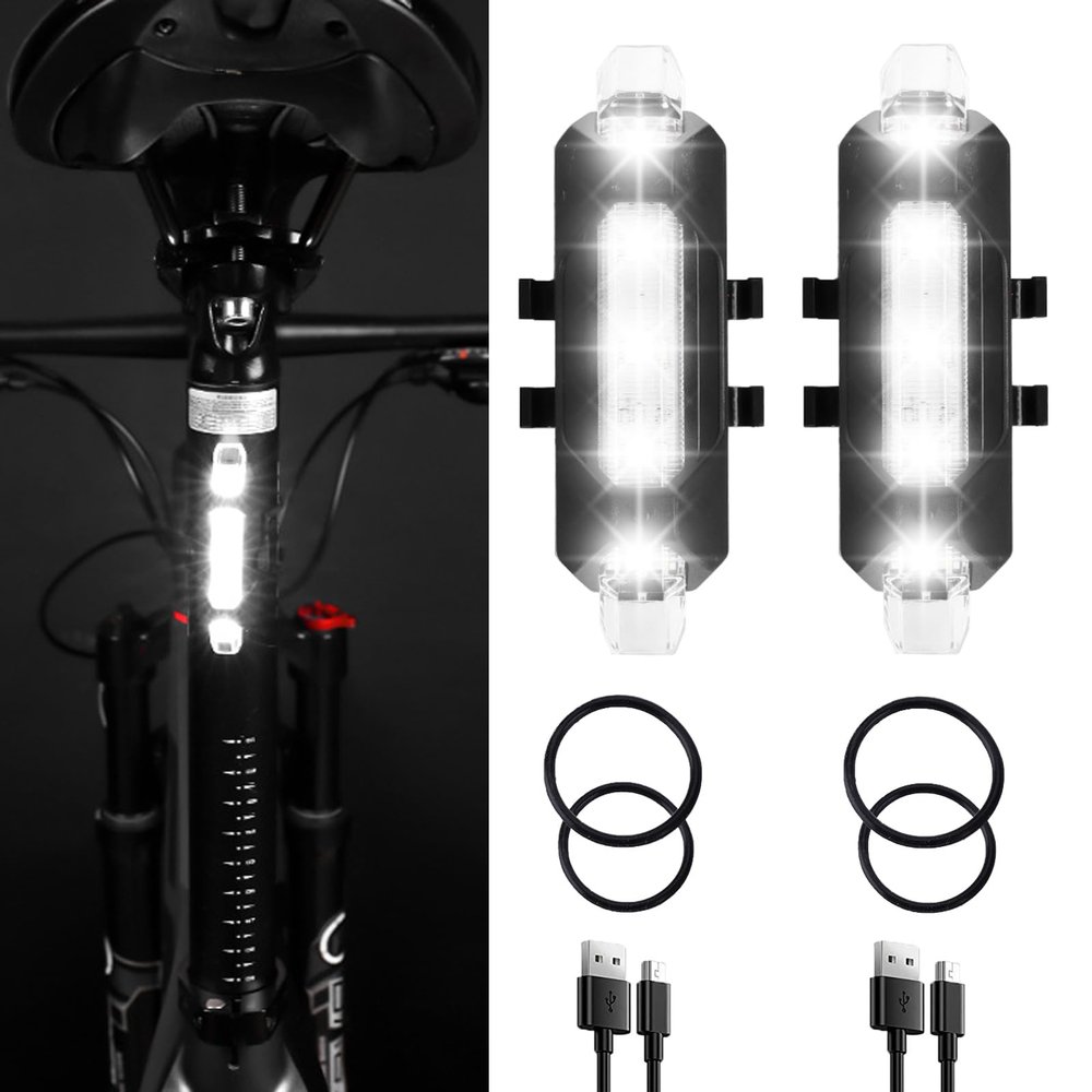 YUERWOVER 2 Pack USB Rechargeable LED Bicycle Rear Lights Cycling Bike Taillight Seat Back Safety Lamp Night Riding Essential Waterproof 4 Modes Warning Light for Men Women Kids MTB(White)