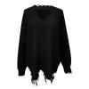 Heevina Off Shoulder Sweater Womens Sweaters Cutout Hollow Out Ripped Solid Color Loose Oversized Knitted 2024 (Black, X-Large) view 2