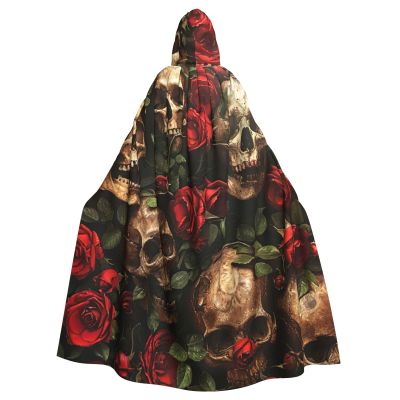 YKJJFVZ Skull And Red Rose Print Rogue Cosplay Adult Halloween Witch Hooded Cloak Cape Unisex Costume For Horror Parties Masquerade