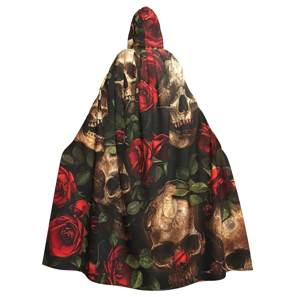 YKJJFVZ Skull And Red Rose Print Rogue Cosplay Adult Halloween Witch Hooded Cloak Cape Unisex Costume For Horror Parties Masquerade