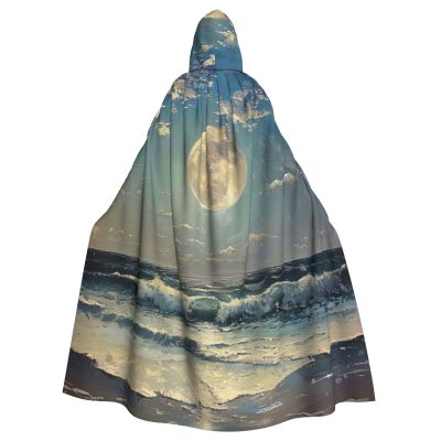 YKJJFVZ Moon And Sea Print Rogue Cosplay Adult Halloween Witch Hooded Cloak Cape Unisex Costume For Horror Parties Masquerade