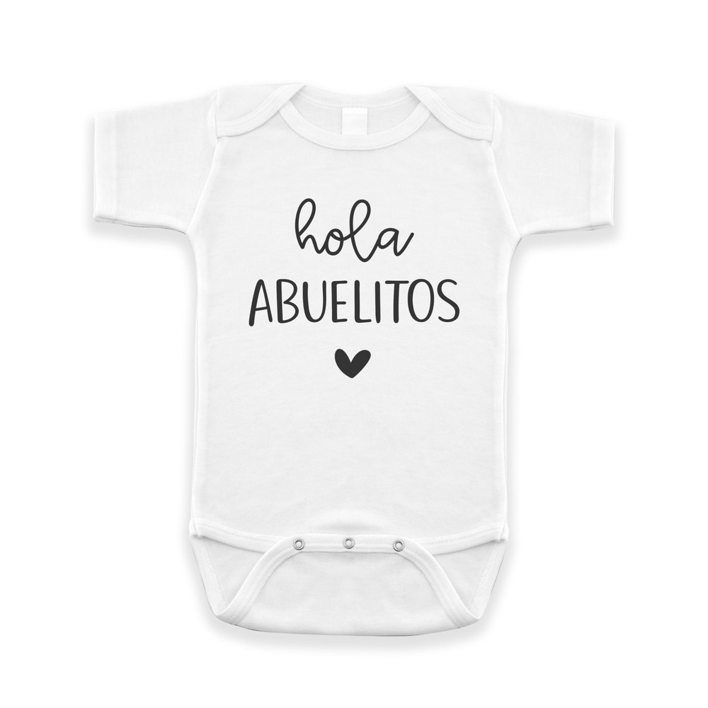 Pineapple Pancake Kids Hola Abuelitos Spanish Pregnancy Announcement Infant Bodysuit for Grandparents - Abuelo y Abuela Gift for New Baby Reveal! (White)