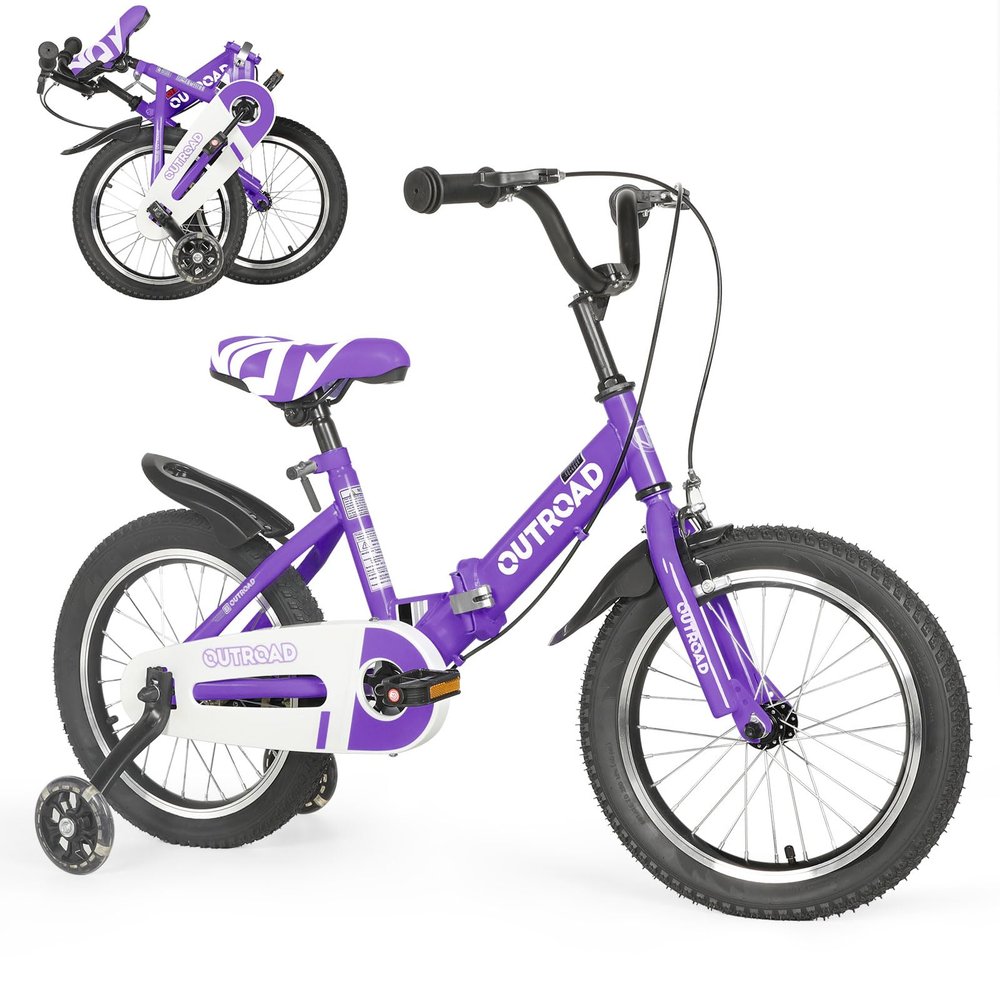 Betterland Folding Kids Bike,16 Inch Children Bicycle with Training Wheels and Dual Handbrakes Toddler Sport Bicycle for 3-9 Years Old Boys and Girls(Purple)