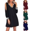 Akivide Womens Elegant Cold Shoulder Loose Dress Sequin Long Sleeve V Neck Short Dress Formal Everning Party Mini Dresses view 3