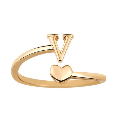 Heart Initial Stackable Rings, Adjustable Pinky Rings Cute Capital Letter Rings Heart Rings Non Tarnish Gold Rings Alphabet Gold Pinky Rings Jewerly Gift for Women (V)