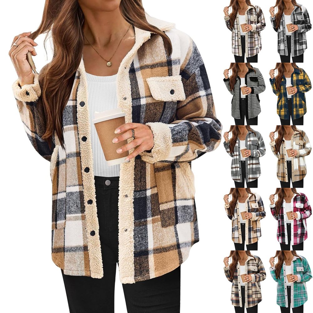 Sherpa Jacket Women Warm Cozy Fuzzy Plaid Shacket Jacket Trendy Lapel Flannel Jacket Comfy Casual Button Down Fleece Jacket Plush Checked Shirt Jacket Sherpa Lined Jacket Faux Fur Coat Fall Jackets