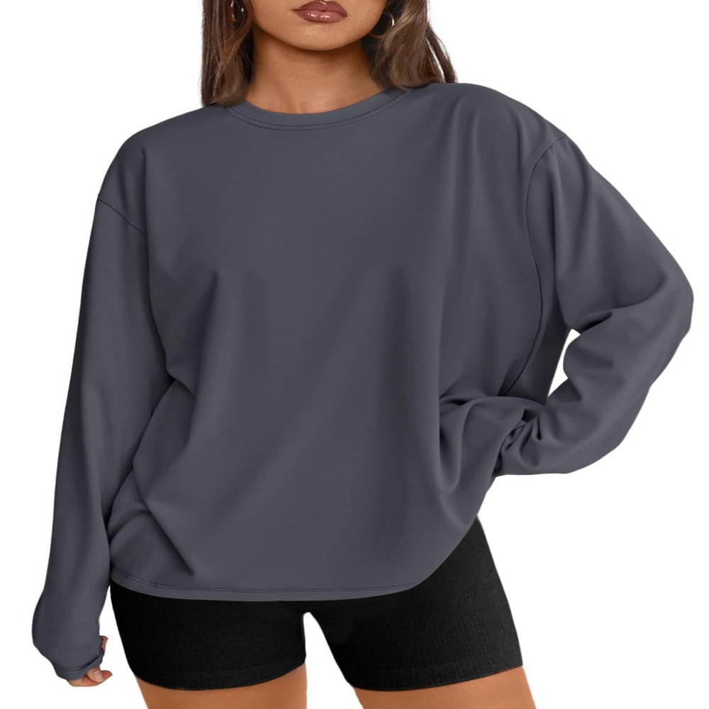Trendy Queen Womens Spring Tops Oversized Long Sleeve T Shirts 2026 Basic Tee Fall Casual Workout Y2K Clothes DeepGrey S