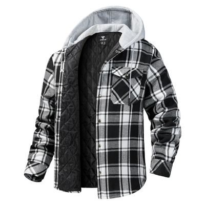 LEPOAR Flannel Hoodie Jacket for Men Plaid Jacket Quilted lined Winter Coat Lightweight Warm Long Sleeve Flannel Jacket