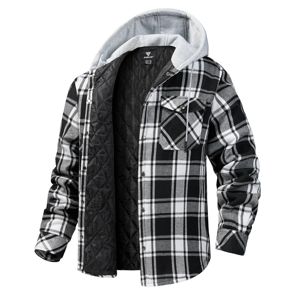LEPOAR Flannel Hoodie Jacket for Men Plaid Jacket Quilted lined Winter Coat Lightweight Warm Long Sleeve Flannel Jacket