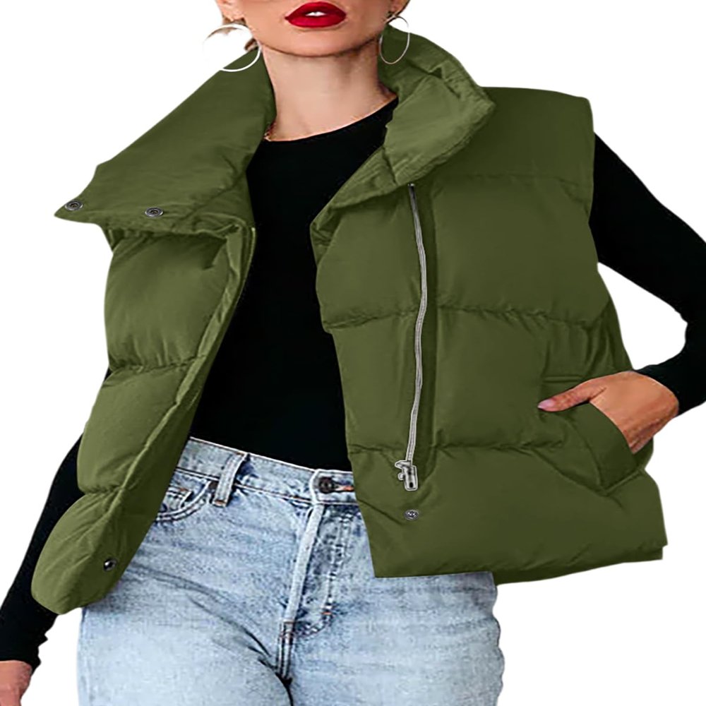Dokotoo Womens Plus Size Green Puffer Vest Lightweight Warm Stand Collar Cropped Casual Zip Padded Vest Sleeveless Outerwear Jacket Winter Coats for Women Quilted Vest with Pockets XXL