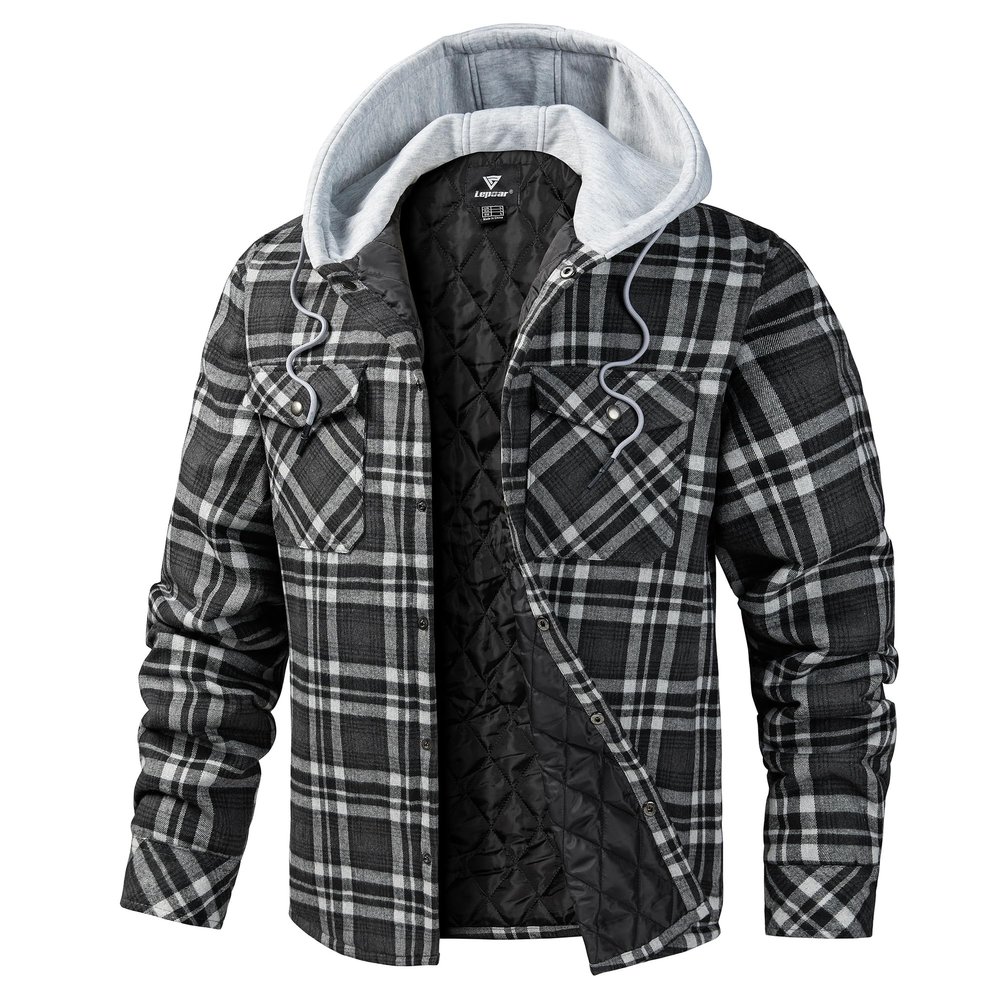 LEPOAR Flannel Hoodie Jacket for Men Plaid Jacket Quilted lined Winter Coat Lightweight Warm Long Sleeve Flannel Jacket