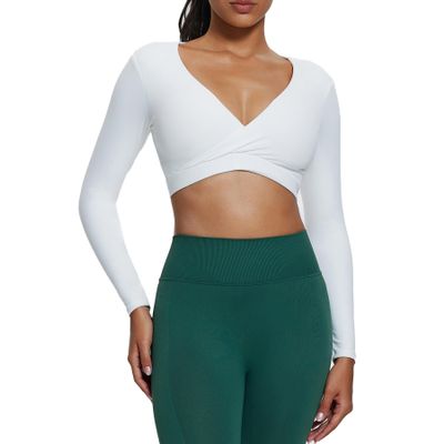 Aoxjox Leah Long Sleeve Crop for Women Deep V Half Cutout Workout Cropped T Shirt Top (White, Large)