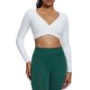 Aoxjox Leah Long Sleeve Crop for Women Deep V Half Cutout Workout Cropped T Shirt Top (White, Large) view 1