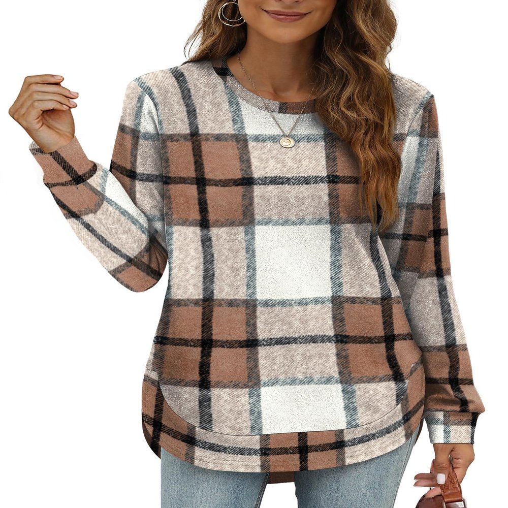 OFEEFAN Crewneck Sweatshirts Women Graphic Womens Fall Fashion 2026 Plaid Khaki M